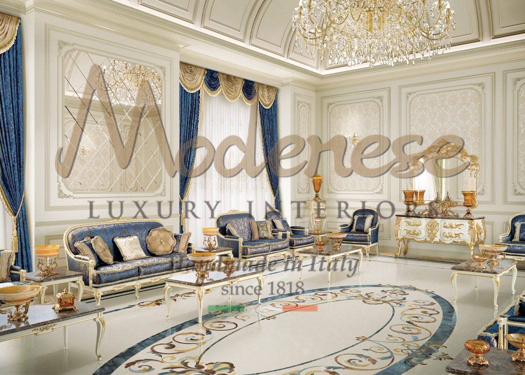 Classic Modenese blue and white living room furniture with gold leaf details for luxury residential homes and villas